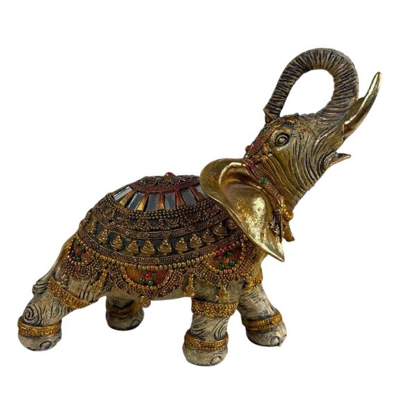 Ornate Gold Elephant Figurine Decor Jeweled Beaded Embellished Resin Statue - Picture 11 of 11
